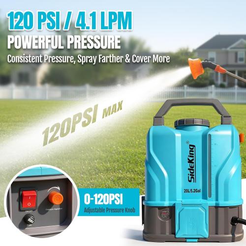 SideKing 5.2 Gallon Battery Powered Backpack Sprayer, 120 PSI Powerful Electric Sprayer Compatible with DeWalt 20V Battery, Max 1.0 GPM, 5 Nozzles & 2 Spray Wands for Lawn, Yard, Weed & Pest Control