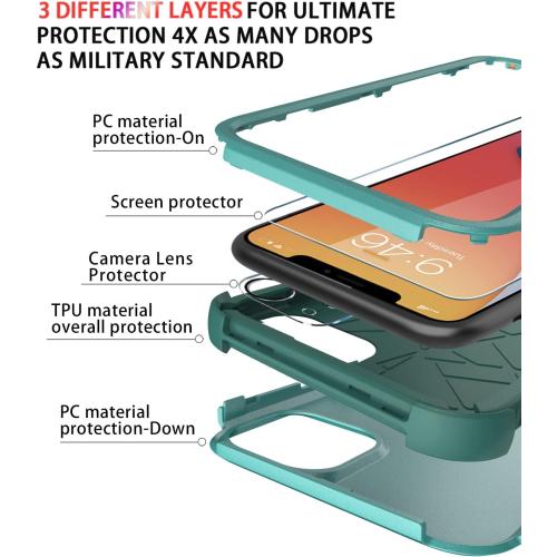 Diverbox for iPhone 14 Case [Shockproof] [Dropproof] [Tempered Glass Screen Protector],Heavy Duty Protection Phone Case Cover for Apple iPhone 14 (Teal-3in1)