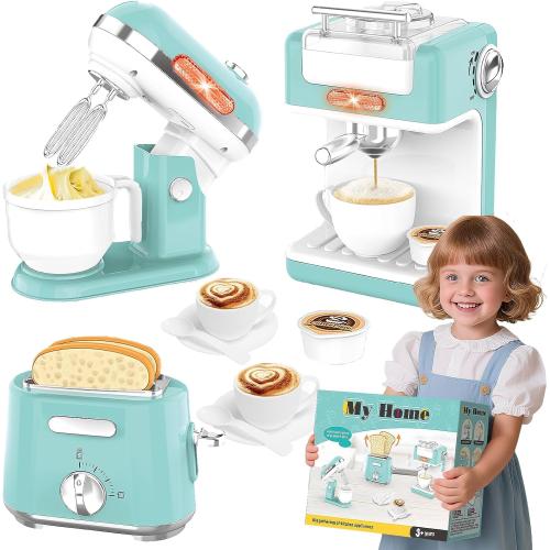 Play Kitchen Appliances Toy Set, Pretend Play Kitchen Toys Kids Kitchen Accessories Playset with Coffee Maker, Mixer and Toaster for Kids Ages 3-5 4-8 Christmas Birthday Party Gift