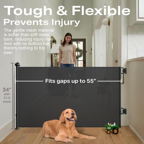 Black 55W x 34H Cumbor Retractable Baby Gates for Stairs, Mom Choice Award Winner-55 Wide Mesh Dog Gate for Doorways, 34 Tall Easy to Use Pet Fence for The House, Toddler Safety Essentials Indoor&Outdoor, Black