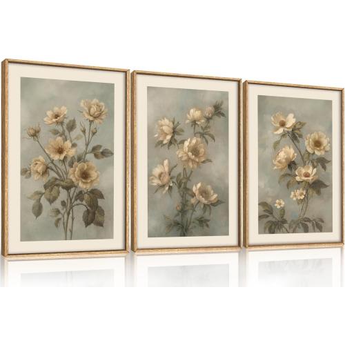 KAIRNE Vintage Botanical Flower Framed Canvas Wall Art Set,Boho Green Beige Floral Wall Decor,Rustic Wildflower Art Prints,Modern Minimalist Artwork for Living Room,Bedroom,Farmhouse,Office-16 x24 x3