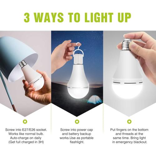 Neporal 4 Pack Emergency-Rechargeable-Light-Bulb, Stay Lights Up When Power Failure, 1200mAh 15W 80W Equivalent LED Light Bulbs for Home, Camping, Tent (E27, with Hook) (Daylight)
