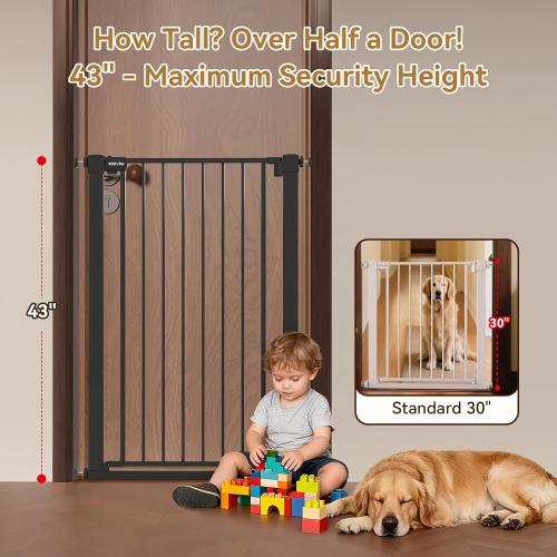 43 inch Tall Safety Dog Gate Adjustable 29.7-45.2inch Extra-Wide Metal Pet Gate Drill-Free Pressure-Mount Installation kit Self-Closing Cat Gate for Stairwells、Doorways（Black）