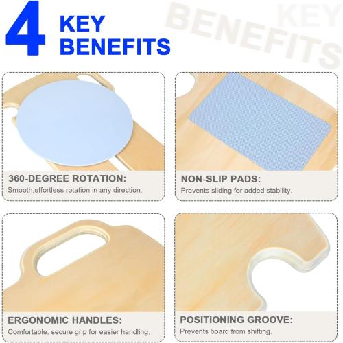360-Degree Turntable Transfer Board, Sliding Board for Smooth, Pain-Free Transfers from Wheelchair to Bed, Toilet, Car, with Non-Slip Pads, for Seniors, Disabled, Patients (31.5 x 12 x 0.7)