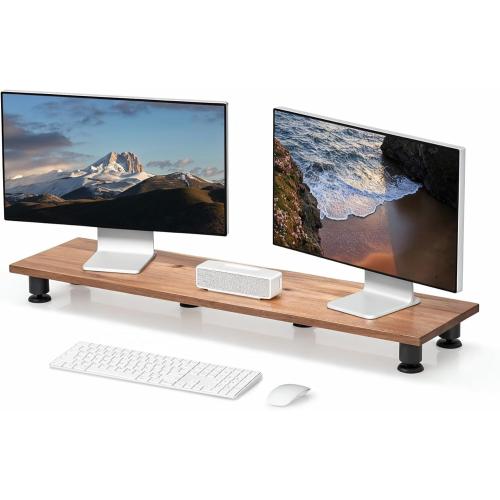 Nordik Large Dual Monitor Riser for 2 - 42.5 Inch Premium Handmade Hardwood Acacia Computer - Wood Shelf Desk Organizer Television - Laptop TV Stand with Storage Organizer for Desk Accessories (Brown)