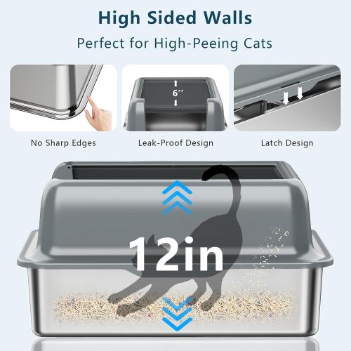 Stainless Steel Cat Litter Box: Voluas XL Large Metal Litter Box High Sided, Never Absorbs Odors, Anti-Urine Leakage, Easy Cleaning