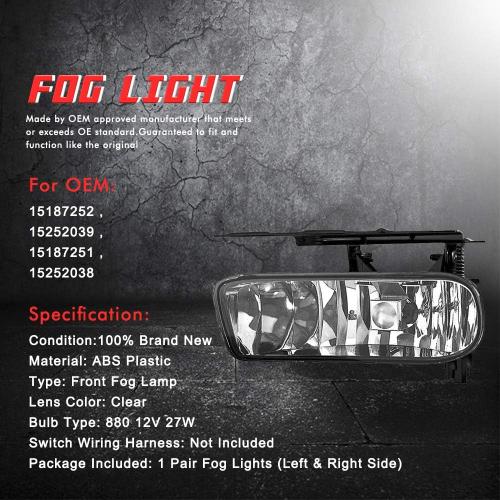 Driving Fog Lights Lamps Replacement for 2002 2003 2004 2005 2006 Cadillac Escalade & Escalade EXT 2003-2006 Cadillac Escalade ESV With 880 12V 27W Halogen Bulbs ​(Clear Lens)