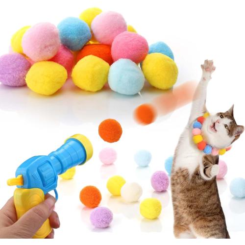 Aiersa Cat Toy Ball Launcher, Plush Ball Shooting Gun with 20 Pom Pom Balls, Interactive Indoor Cat Fetch Toy