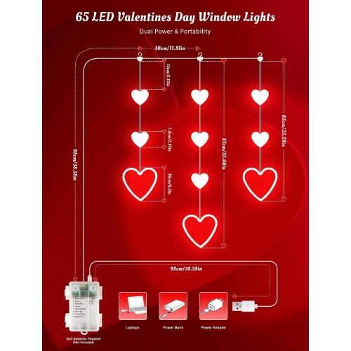Valentines Day Window Lights, 65 LED 10 Red Heart Lights USB/Battery Operated, Timer Memory with 8 Modes Hanging Valentines Decorations Light for Valentine's Day Anniversary Wedding Decor