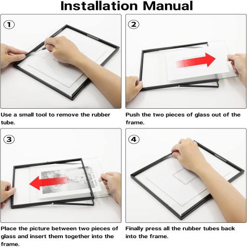 Qiannhee Black Floating Frame (10“x12”,2 Pack), Vertical Picture Frame Hold 10x12in 8x10in 5x7in Photo for Tabletop,Glass Finish Metal Stand Frame