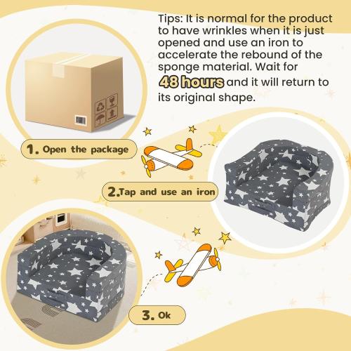 Color Grey and stars Travel Toddler Bed, 3-in-1 Portable Foldable Toddler Chair,Soft Foam Floor Bed Lounger with Washable Cover,Star