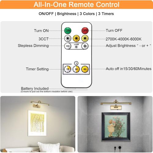 Tassuowell Wireless Picture Lights for Wall Rechargeable, Battery Operated Art Light for Paintings, 3CCT Dimmable, 15.7 Brass Finish with Remote, Rotatable Gallery Light for Pictures Display