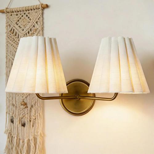 Modern Pleated Fabric Linen Double Wall Sconce, Country Wall Lamp with Antique Finish Metal, Creative Decoration Wall Lamp for Entryway, Hallway, Bedroom, Living Room, Kitchen (Brass)