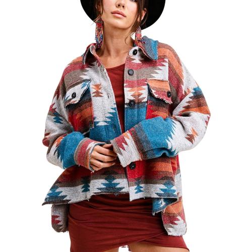 happlan Aztec Denim Jacket For Women Lapel Button Down Print Shirt Coat Shacket size large