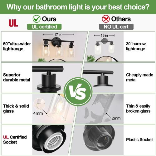 3-Light Bathroom Light Fixtures, 17.23 Black Modern Vanity Lights with Clear Glass Shade, Bathroom Wall Lamp for Mirror Kitchen Living Room Hallway Cabinet Porch