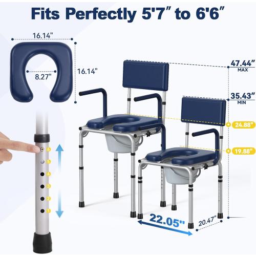 Drop Arm Bedside Commodes for Seniors, Potty Chair for Adults | Portable Commode Toilet with Padded Seat and Backrest, 400lbs Capacity, Height Adjustable, 6.3QT Bucket & Splash Guard, Blue