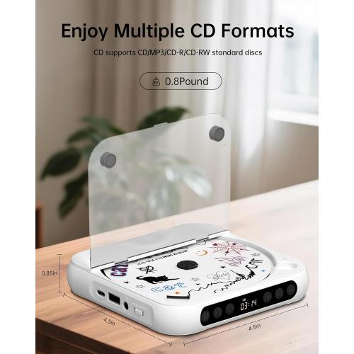 CD Player Portable with Dual Stereo Speakers, Rechargeable Portable CD Player with Bluetooth for Home with Headphones, Support CD/AUX/USB, White