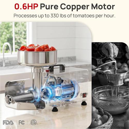 Electric Tomato Strainer, 450W Tomato Juicer Maker Machine | Commercial Stainless Steel Tomato Press & Sauce Maker with Pure Copper Motor for Blueberry Strawberry Jam, 200-350 lbs/h 110V