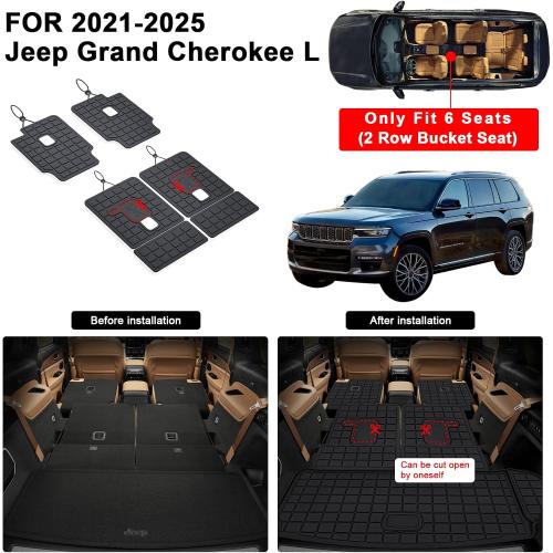 Floor Mats for 2021-2026 Jeep Grand Cherokee L (Only for 6 Seats) | 2nd Row Captain Chair, TPE All Weather Floor Liners & Trunk Mat & 2nd and 3rd Backrest Mat for Grand Cherokee L Accessories