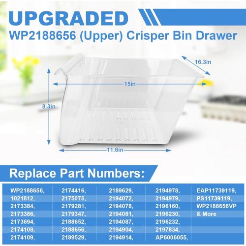 [2 PACK]UPGRADED 2188656 (Upper) Refrigerator Crisper Bin & 2188664 (Lower) Fridge Crisper Drawer Replacement Compatible with Kenmore Whirlpool Refrigerator Drawers Parts with Humidity Control