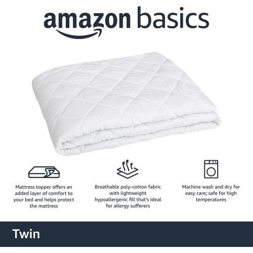 Amazon Basics Hypoallergenic Quilted Mattress Topper Pad, 18 Inches Deep, Twin, White