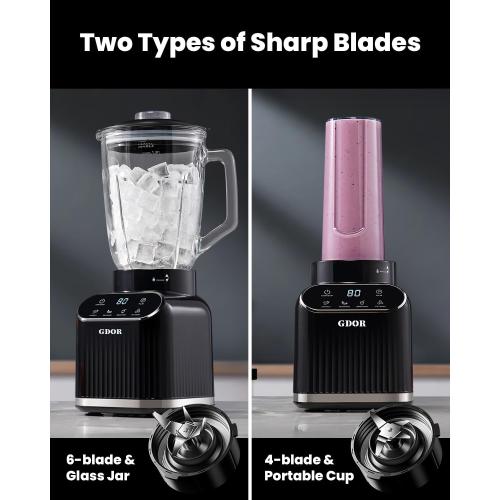 GDOR Professional Blender for Smoothies, 5 Functions, 1200 Peak Watts Smoothie Blender, 52 Oz Glass Jar & 24 Oz To-Go Cup Combo, Ice Crushing & Frozen Fruit, Self-Cleaning, Black