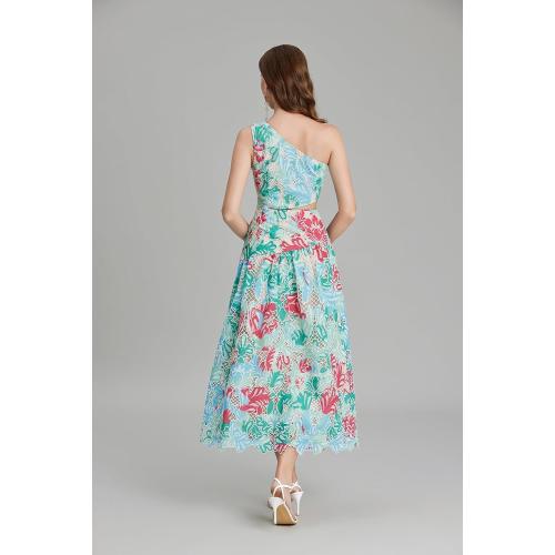 Size L/XLSunfere ..French Embroidery Cut-Out Print one-Shoulder, one-Waist Dress