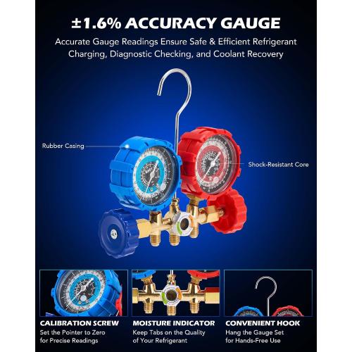 Orion Motor Tech AC Vacuum Pump and Gauge Set, 1/4 hp 3.5 cfm Vacuum Pump Manifold Gauge Kit with 3 Hoses Adapters & Accessories for R134a R12 R22 R502, A/C Vacuum Pump Kit for Auto HVAC Systems