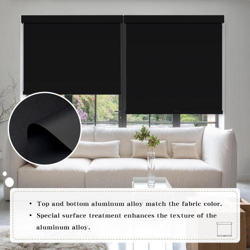 WHITE Cordless Blackout Roller Shades Blinds for Windows Free-Stop,Pull Down Room Darkening with Valance,Thermal Insulated Woven Fabric Window Door Blinds for Home,Office,Black 20 W x 72 H