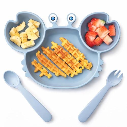 Suction Plates for Baby, Silicone Plates with Suction Divided, Baby Spoon Fork Set for Toddler Baby Dishes Kids Utensils-Crab Dusty Blue