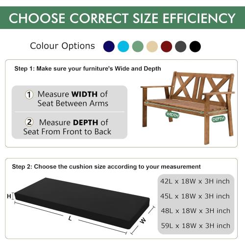 BKACK AND WHITE Outdoor Bench Cushion: Waterproof and Fade Resistant Patio Furniture Cushions - Non-Slip Bench Pad Cushion with Removable Cover for Garden Swing Porch Sofa Settee, 48 x 18 x 3 Inch, Black