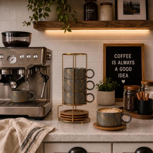 LUKA 6 Ounce Porcelain Stackable Espresso Cups with Saucers and Metal Stand Set of 4, Ceramic Cappuccino Cups Set for Specialty Coffee Drinks, Latte, Cafe Mocha and Tea, Gray