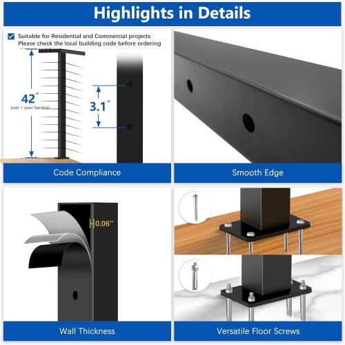 2Pack 42 T304 Stainless Steel T-Drilled Corner Post Cable Railing Black(Post 41x2x2), 3-Sides Flat Top One-Post Corner Solution, 90° Drilled Post with Cable Grommets for Corner Railing