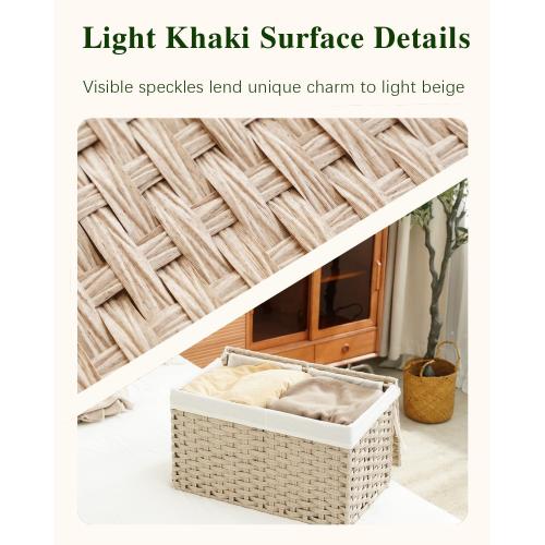 SETVSON Storage Basket with Lid Rattan Woven Storage Baskets with 2 Separate Lids, 17.2 Gallon (65 L) Wicker Storage Bins Foldable 2 Removable Liner Bags Handles for Bedroom, Laundry Room Light Khaki
