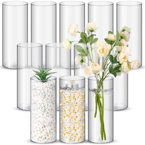 Nuogo 12 Pcs Plastic Clear Cylinder Vase for Home 8 Inch Acrylic Flower Clear Vase Centerpiece for Centerpieces Wedding Party Decorations