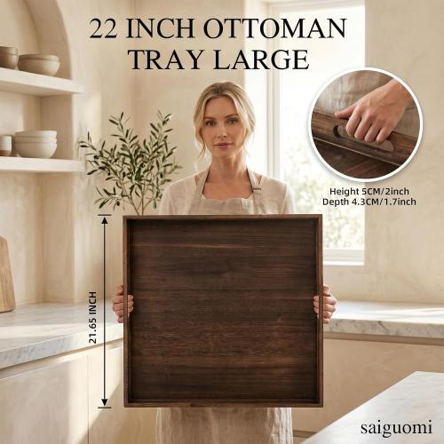 22 Inch Wooden Ottoman Tray with Handles Rustic Farmhouse | Large Decorative Serving Tray for Coffee Table Centerpiece Living Room Home Decor