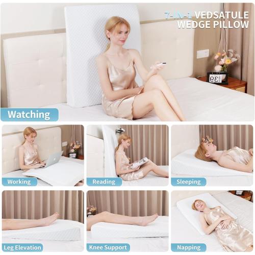 Whtie Grey 7.5, 24x24x7.5in Wedge Pillow, Bed Wedge Pillows for Sleeping, Snoring, Back Support, After Surgery, Foam Triangle Pillow, Removable Washable Cover (Whtie Grey 7.5, 24x24x7.5in)