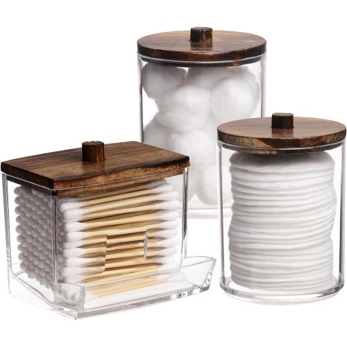 Tbestmax Qtips Holder Bathroom Container, 10 OZ Cotton Ball/Swabs Dispenser, Apothecary Jar Organizer for Storage Brown Wood Lids
