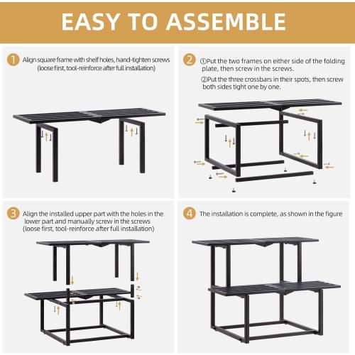 Heavy Duty Plant Stand Indoor Outdoor, Foldable Metal Plant Shelf for Multiple Pots, Mid Century Slatted Bench for Patio Garden, 2 Tier Black