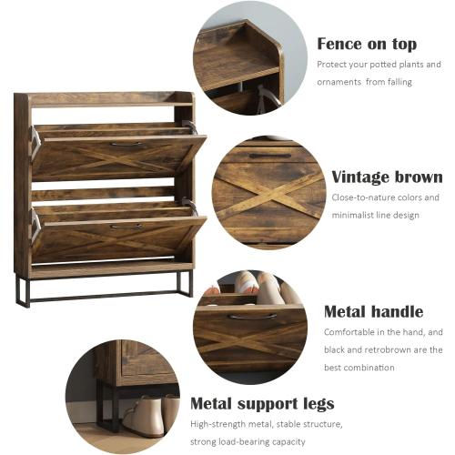 Maupvit Shoe Storage Cabinet with 2 Flip Drawers, Freestanding Shoe Organizer with Metal Legs for Entryway, Narrow Shoe Rack Cabinet, Rustic Brown
