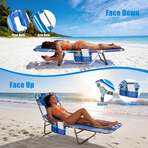 SUNNYFEEL Beach Lounge Chair, Reclining Beach Chairs Lay Flat, Sun Face Down Tanning Chair, Folding Camping Chairs Portable Camp Cot with Straps for Outdoor/Picnic/Lawn