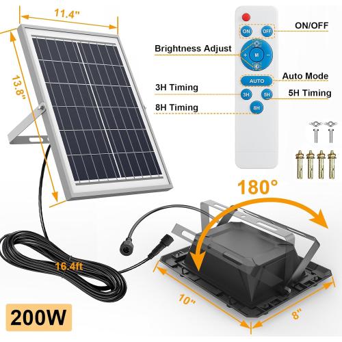 200W Solar Street Light Waterproof, 16ft Wire 20000LM LED Security Flood Lights Outdoor, Automatic Dusk to Dawn Solar Lights Outdoor for Outside Garden Yard Path Parking Lot