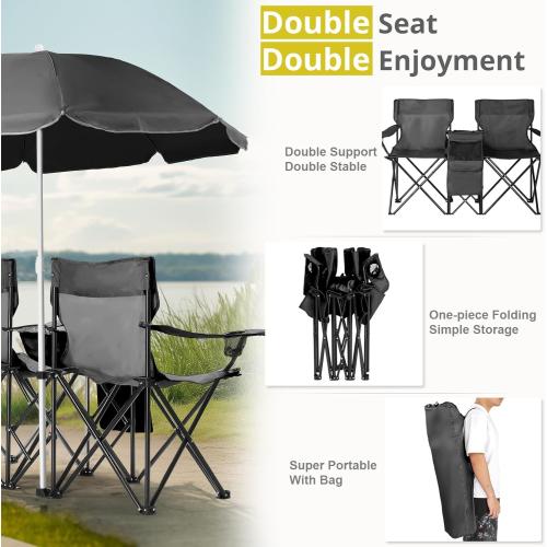 Portable Outdoor 2-Seat Folding Chair Plus Movable Sun Umbrella Black