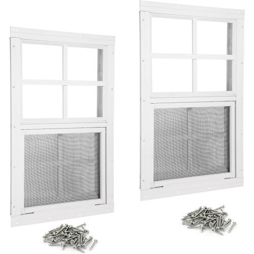 Shed Windows 2 Pack 18 W x 23 H Flush Mount White Window with Tempered Glass and Fiberglass Screen,Sliding Windows with Vertical Slider and Screws for Sheds,Chicken Coop, Playhouse Garbage Room etc