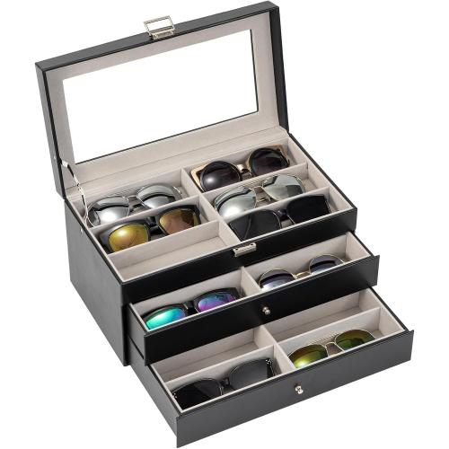 Size 18 Slots ProCase 3-layer Sunglasses Storage Organizer, 18 Slots Leather Sunglass Box Multiple Pairs Eyeglass Cases Eye Glass Eyewear Display Holder for Men Women, Father's Day Gift -Black