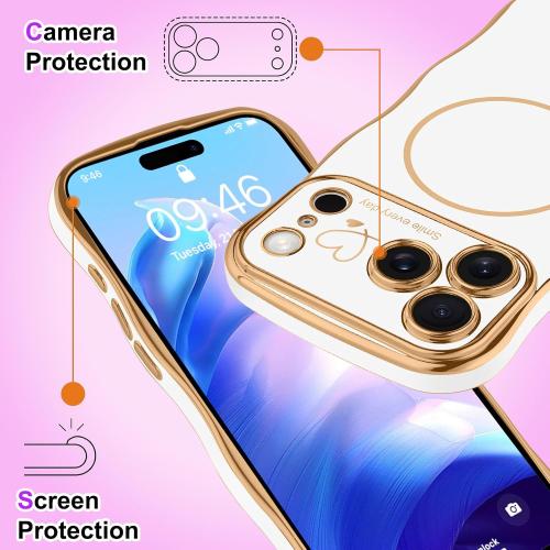 Fiyart Designed for iPhone 17 Pro Max Case 2025, Cute Wave Frame Curly Shape Love Hearts Plating for Women Girls Camera Protection Compatible with MagSafe Magnetic Shockproof Bumper 6.9-White