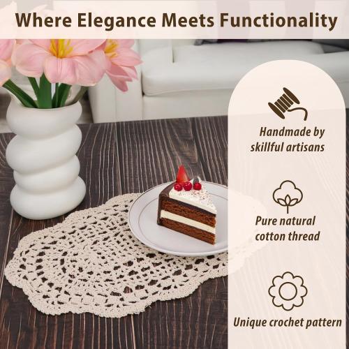 kilofly Crochet Cotton Lace Placemats Doilies 4pc, Oval, Beige, 7.8 x 14 inch