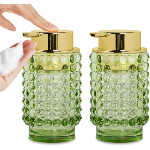 New Open for inspection 2pcs Glass Foaming Soap Dispenser, Green Foam Hand Soap Dispenser, 12 Oz Large Bottle with Gold Pump, Refillable Lotion Pump Container for Bathroom, Kitchen,Hand Soap, Dish Soap,Shampoo