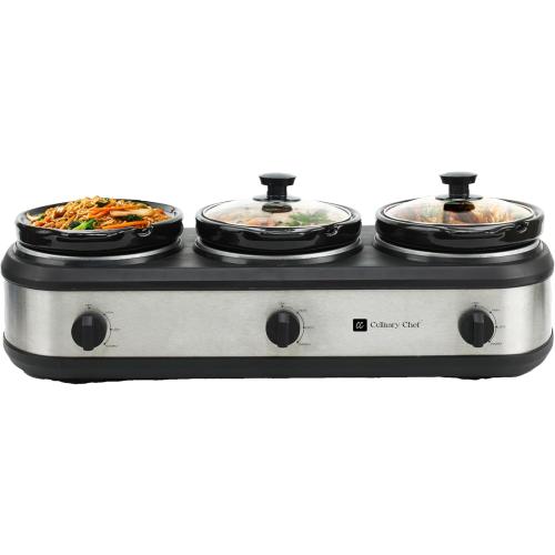 CULINARY CHEF, Triple Slow Cooker, Buffet Server 3 Pot, Food Warmer - Stainless