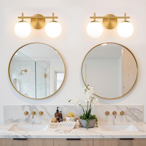 MOKATNG 2-Light Bathroom Light Fixtures, Brushed Gold Vanity Lights for Bathroom with Milky White Glass Shade, Bathroom Lighting Fixtures Over Mirror, Wall Sconce for Bedroom (Bulb Not Included)